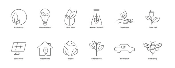 Eco-Friendly Lifestyle Vector Icon: Green Concept, Clean Water, Green Home, Reforestation, Electric Car, and Biodiversity - Promoting Sustainable Living in Scalable Format