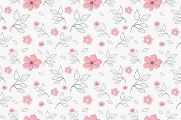 Hand drawn vintage floral seamless pattern abstract. Simple style graphic with small pink flowers and black color pencil drawing branch of leaves outline. Flat vector design.
