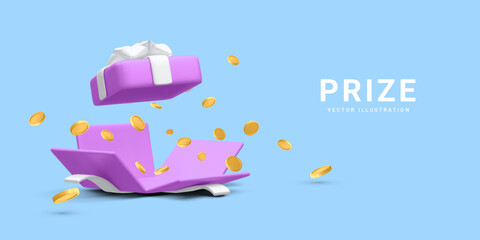 3d realistic open gift box and falling gold coins.  Concept for cryptocurrency bonus. You win prize. Vector illustration - obrazy, fototapety, plakaty