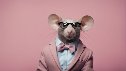 Cool looking rat wearing funky fashion dress jacket, tie, glasses on pastel background - obrazy, fototapety, plakaty