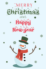 Merry Christmas and Happy New Year Vector Design with snowman. Bright Winter holiday composition. Greeting card, banner, poster, Flyer