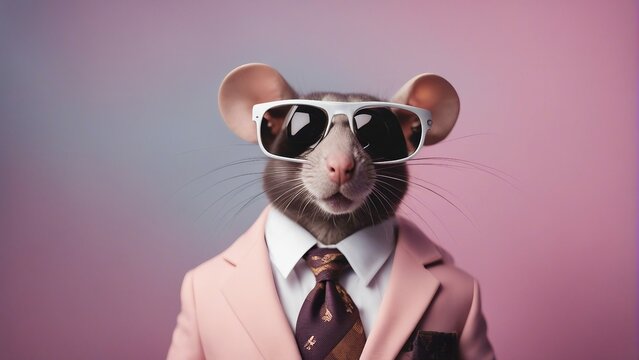 Cool looking rat wearing funky fashion dress jacket, tie, glasses on pastel background