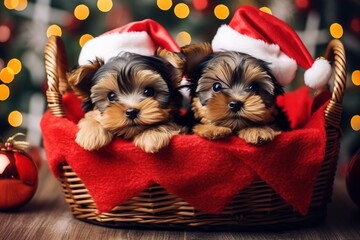 Christmas card with two cute yorkshire terrier dog on festive christmas light bokeh background