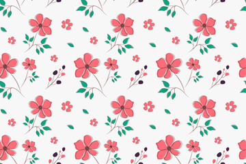Floral pattern with red flowers with green leaves on a white background. Vintage floral plant, stock vector background.