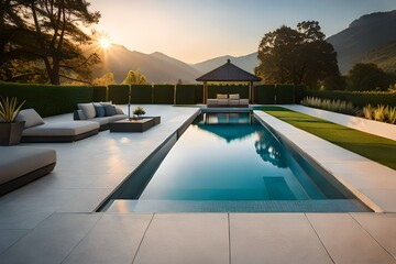 swimming pool in the backyard with luxury benches and sofas in the morning - obrazy, fototapety, plakaty