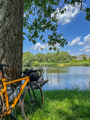 Gravel bicycle in the city park on the summer season