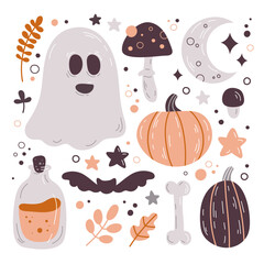 Halloween set of cute vector illustration. Pumpkin, ghost and other autumn objects.