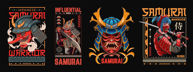 Samurai T-shirt Designs Bundle, Japanese Streetwear T shirt Designs Vector Pack, Samurai Artwork Graphic Tshirt Set - obrazy, fototapety, plakaty