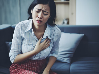Portrait of a sitting woman suffering from chest pain and touching her heart area - obrazy, fototapety, plakaty