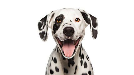 Happy laughing dalmatian dog, close-up shot. Front view. Isolated on Transparent background.