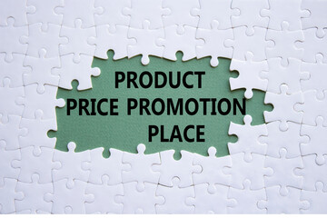 Product Price Promotion Place symbol. White puzzle with words Product Price Promotion Place. Beautiful grey green background. Business concept. Copy space.