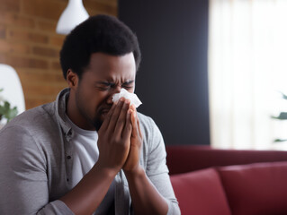 Fototapeta na wymiar African man fell ill with flu and blew his nose into a tissue at home