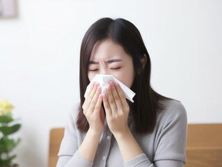 Beautiful young Asian woman fell sick and flu blowing nose with tissue