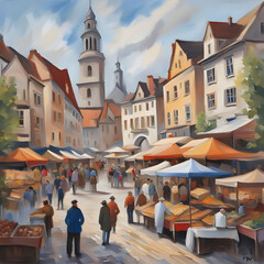 A bustling market square in a historic European town with cobblestone streets and colorful market stalls - obrazy, fototapety, plakaty