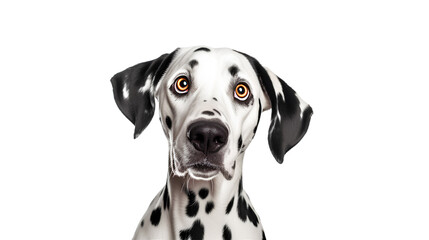 Surprised dalmatian dog, close-up shot. Front view. Isolated on Transparent background.