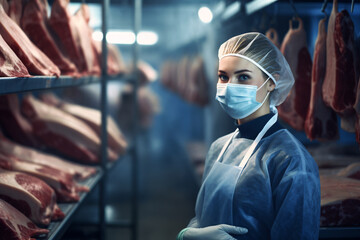 Female butcher with mask, inspecting cold storage for meat . Generative Ai