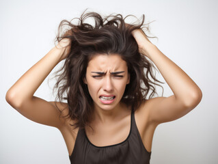 Fototapeta premium Pretty girl has terrible headache and negative face expression isolated on white background