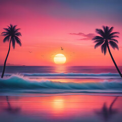 Fototapeta na wymiar Sunset on the quiet beach with two palm trees with nice waves on the horizon, orange skies and vibrant pink