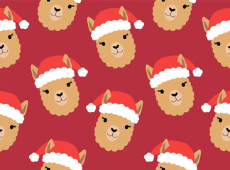 Seamless pattern with cute alpaca in Santa Claus hat. Vector illustration