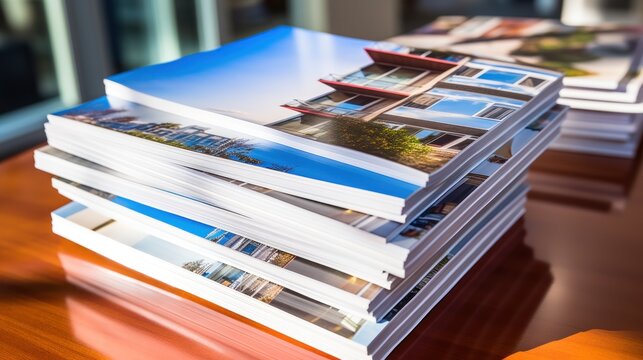 Stack of property brochures with vibrant images