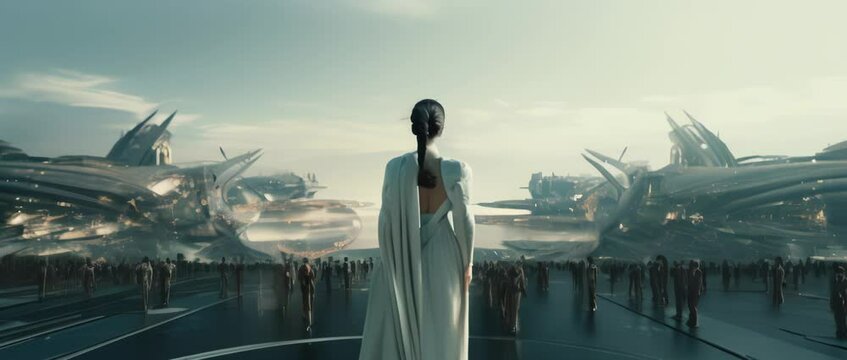 From behind shot of female dressed in futuristic outfit standing on platform with arial view on futuristic city.Anamorphic 4k footage