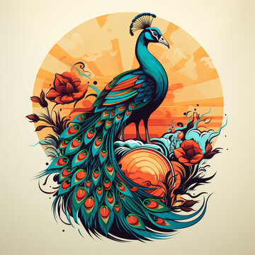 Peacock with sun and flowers. Vector illustration in retro style.
