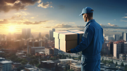 delivery man over cityscape with box in hands, for logistic and shipping cargo service business