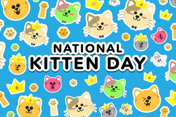 Cute and Fun National Kitten Day Banner, celebrated on July 10th. Pattern of cute cartoon cats, kittens, cat paws, and crown. Editable Vector Illustration. 