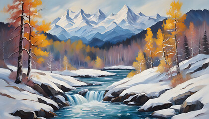 Mountain landscape with river in winter