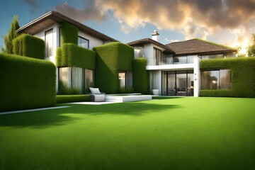 lawn landscaping with green grass turf in garden home  3D 
