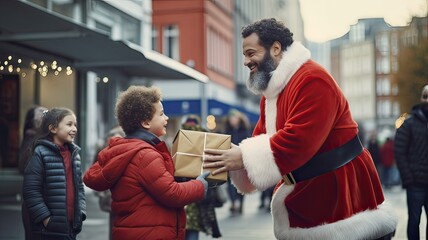Santa Claus giving a gift to a little boy downtown, wintertime. Christmas concept. Generative AI.