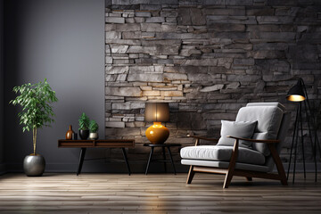 Interior of modern living room with brick wall and wooden floor. Mockup