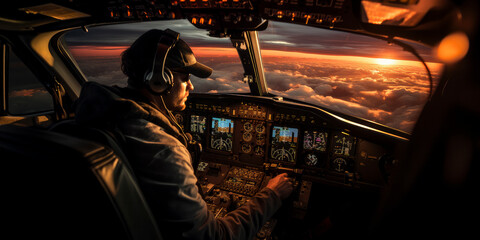 view of a pilot flying a plane from the cockpit at sunset