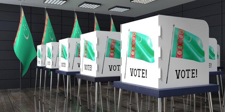 Turkmenistan - polling station with many voting booths - election concept - 3D illustration