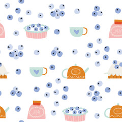 Seamless pattern with Blueberry, Pie, Teapot, Cup, Sprig of Greenery and Jar of Jam. Great for wallpaper, backgrounds, packaging, fabric, scrapbook