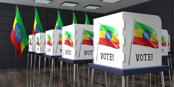 Ethiopia - polling station with many voting booths - election concept - 3D illustration