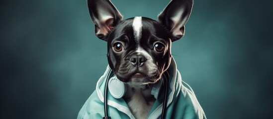 A Boston Terrier puppy with stethoscope isolated on grey background treating the cold season - obrazy, fototapety, plakaty