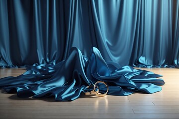 Blue Marine Curtain Silk on Wooden Floor, Velvet and Fabric, using Generative Ai