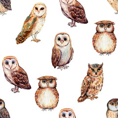 Seamless pattern with hand painted watercolor Owls. Cute print for textile design, scrapbook paper, decorations, fabric designs and more. Owls seamless pattern.