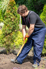 Worker digs soil with shovel. Male gardener with a shovel digging ground in on a backyard, a garden bed.