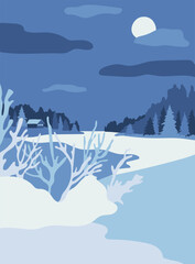A simple winter hand drawn landscape with a lake shore and a house in the background in blue tones. Design for home decor, posters, greeting cards, seasonal decoration