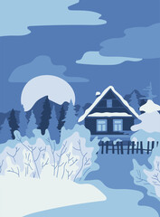 A simple rural winter sunset landscape with a house and a fence in blue tones. Design for home decor, posters, greeting cards, seasonal decoration