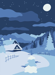 Hand drawn simple night winter rural landscape in blue tones. Design for home decor, posters, greeting cards, seasonal decoration