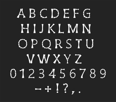 Bone alphabet, capital letters and numbers made of bones. Halloween font. Vector illustration.