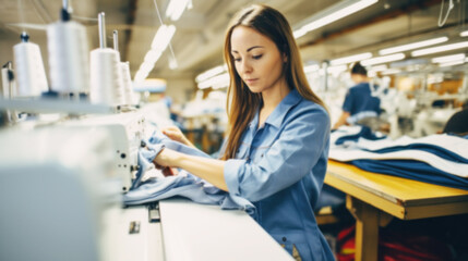 Obraz premium Textile cloth factory working process tailoring, workers equipment, professional Seamstress, increase minimum wage, workers advocate fight which includes better wages, labor law, blurred image