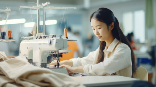 Textile cloth factory working process tailoring, workers equipment, professional Seamstress, increase minimum wage, workers advocate fight which includes better wages, labor law, blurred image