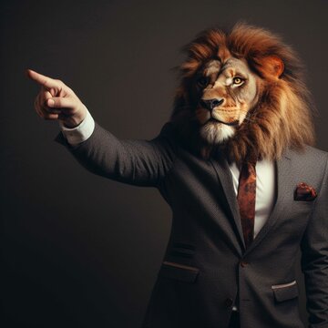 Businessman wearing a lion head mask