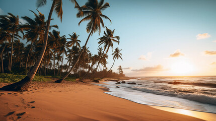 wide shot of a beach with palm trees and brown sand