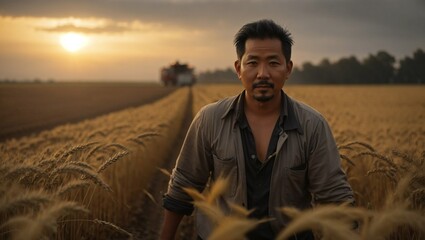 Charting golden dreams: An Asian man sows hope in a wheat field