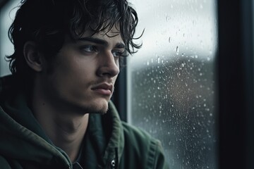A young man sad of sit on the edge the window with raindrops on the glass window on a rainy day ,Generative AI.